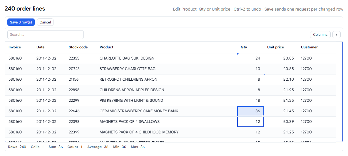 Three pending edits: the changed cells carry a corner mark and the toolbar says how many rows will be saved