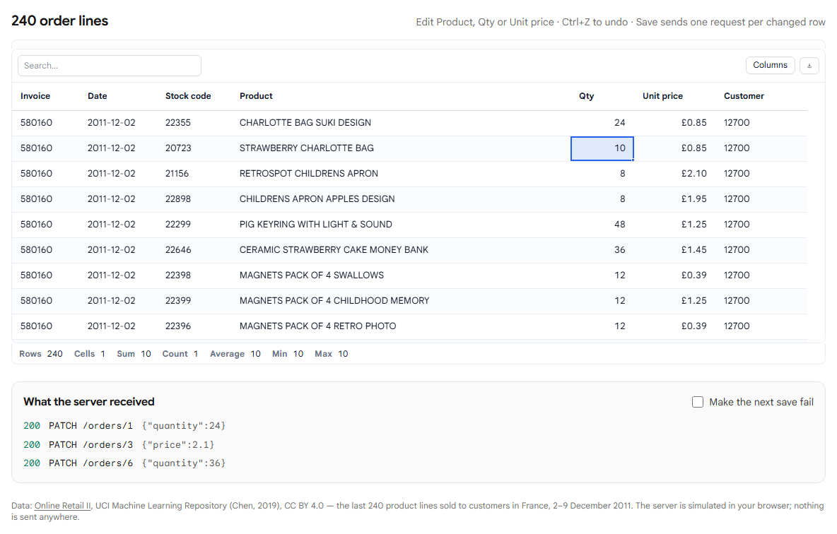 What the save sent: one PATCH per changed row, with only the changed column