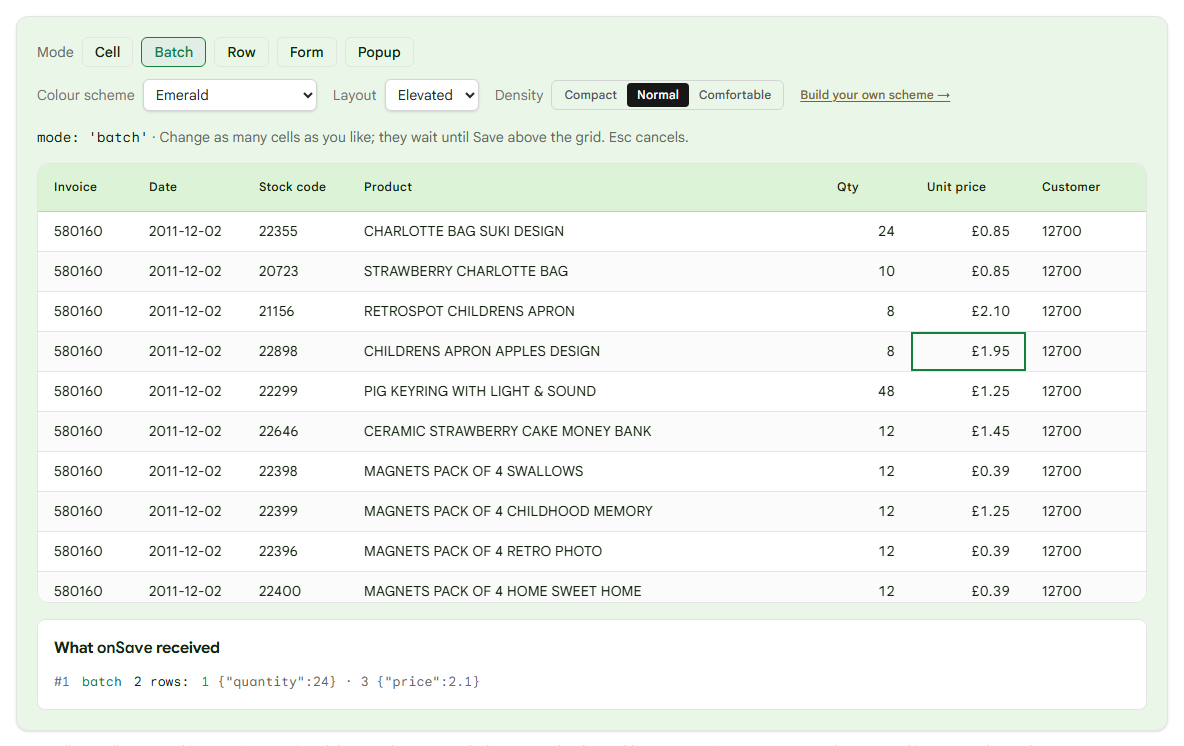 After Save: one call to onSave with two rows, quantity for row 1 and price for row 3