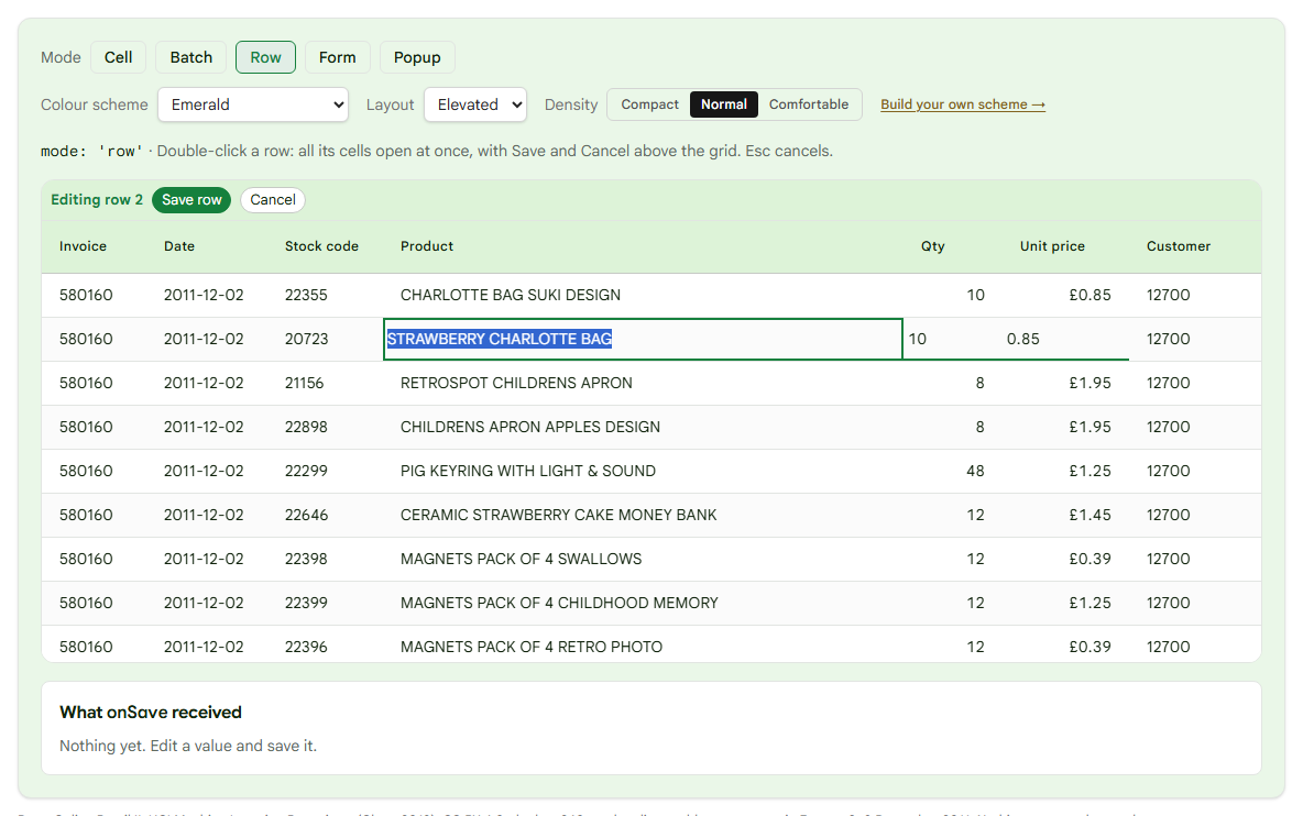 Row mode: row 2 open, its Product, Qty and Unit price cells turned into editors