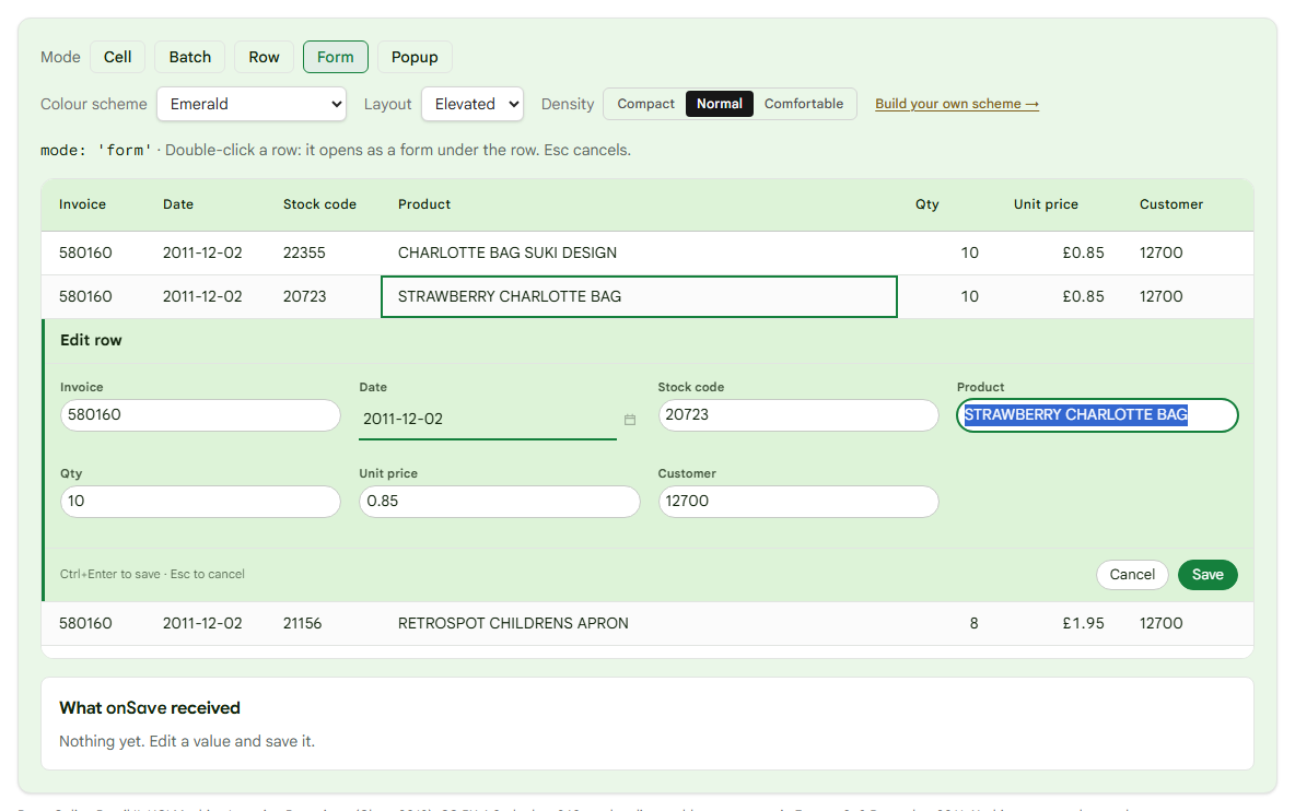 Form mode: row 2 opens as a form under it, with labelled fields, Cancel and Save