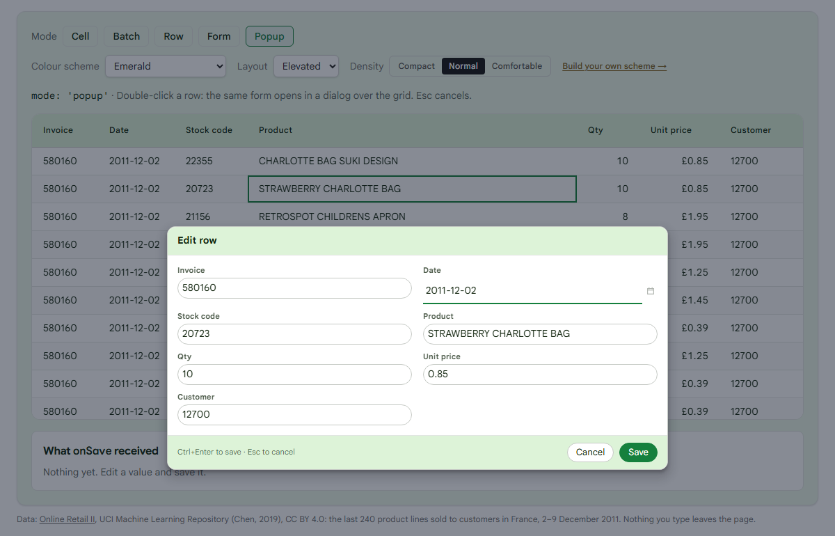 Popup mode: the same form in a dialog over the grid